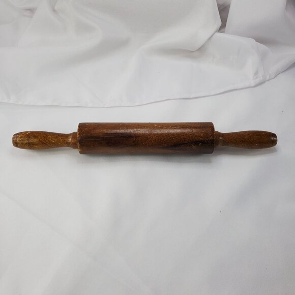 Vintage Wooden Rolling Pin With Handles 14" Long Rustic Kitchen Tool - Picture 8 of 8
